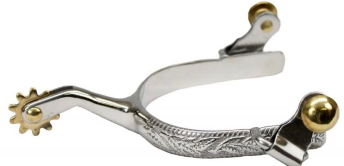 Showman stainless steel ladies size engraved spurs with brass rowels