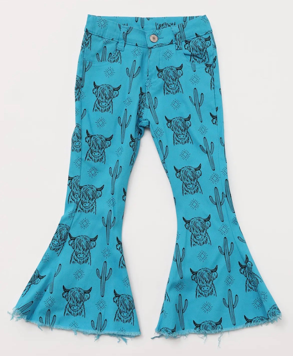 Turquoise Cows/Cactus Printed Bell Bottoms - KIDS